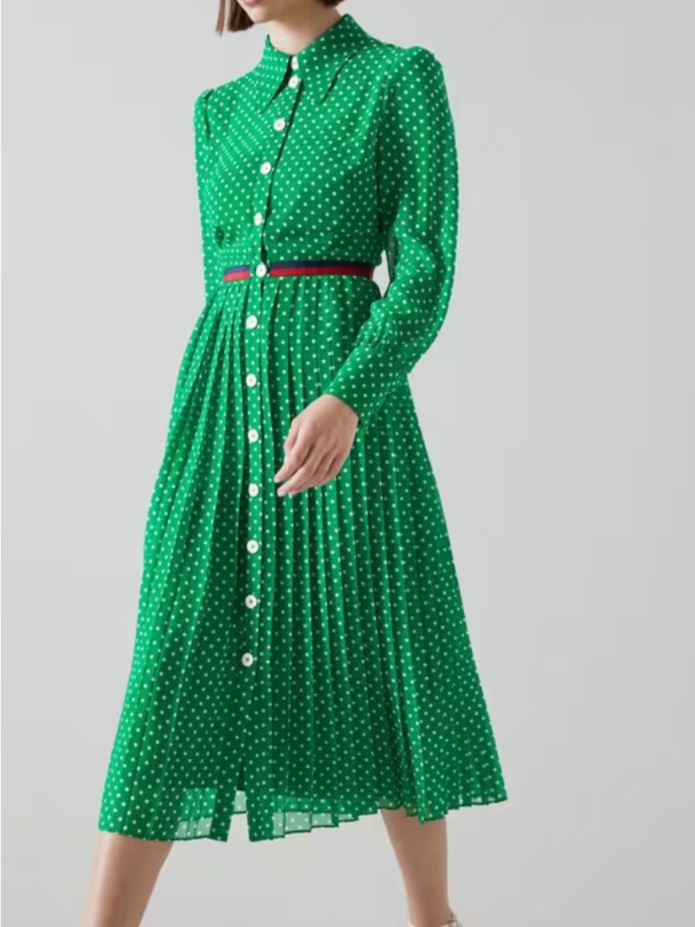 LK Bennett Green Polka Dot Long Sleeve Pleated Shirt Dress